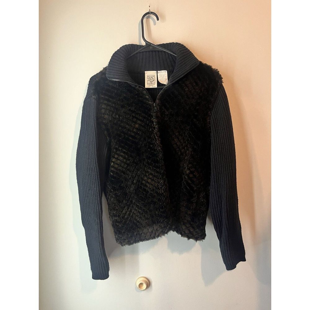 Cotton Country Sweater Women's Medium Black Brown Full‎ Zip Brown Fur Front